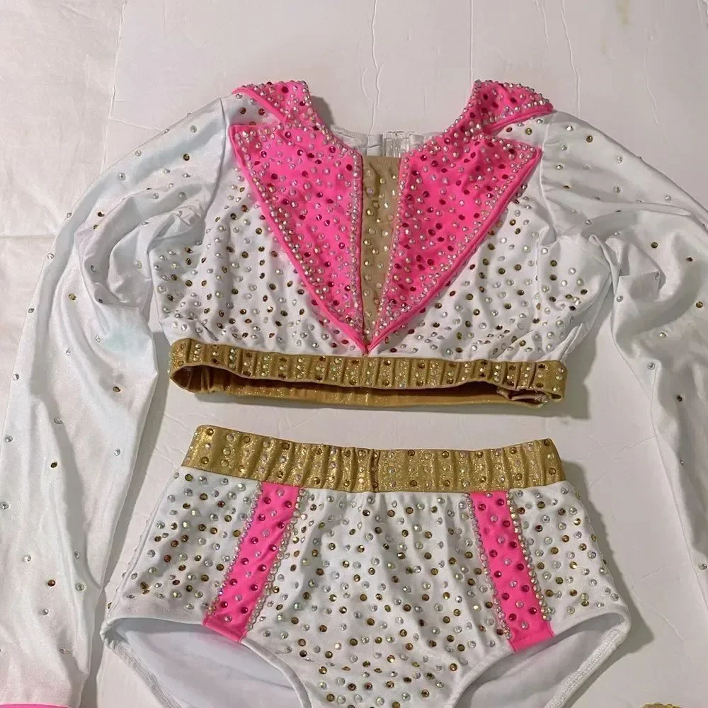 Glamour Solo Dance Costume Elvis 2 Piece White Pink Rhinestoned SA Adult Jazz